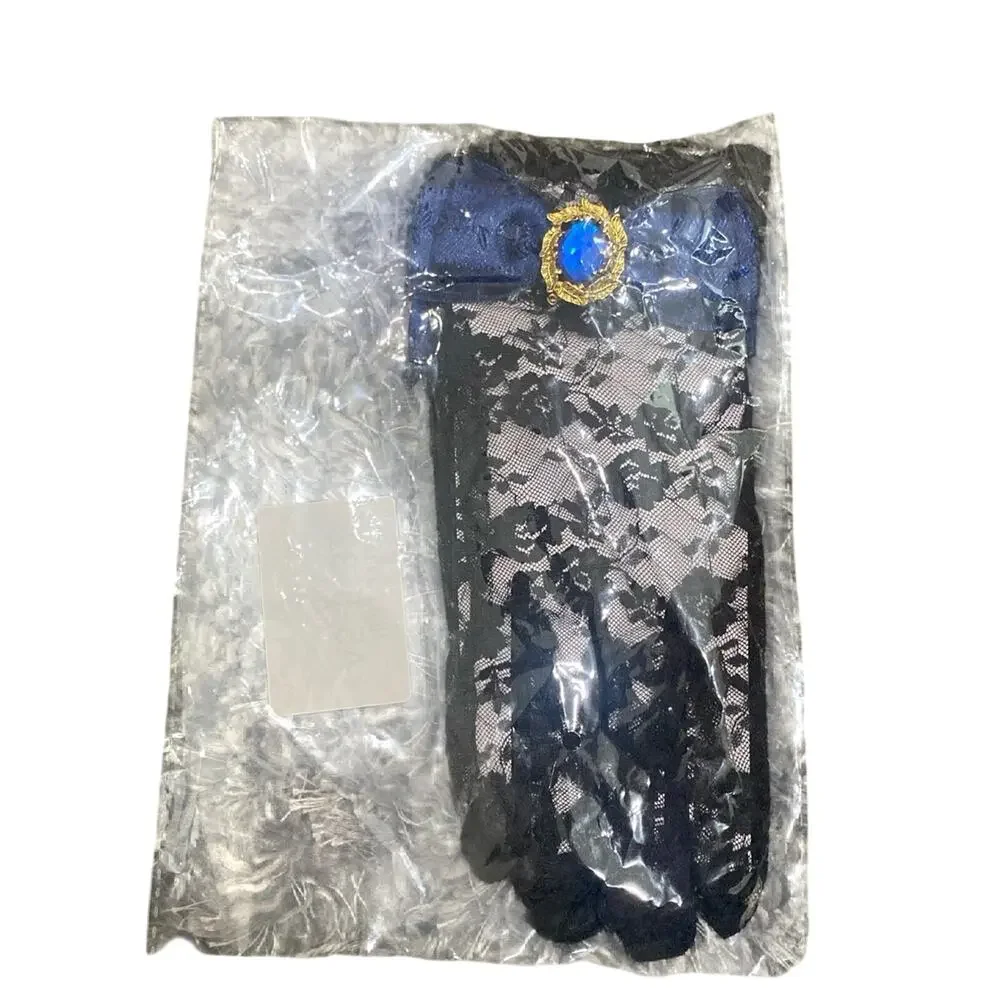 Lace Gloves with Dark Blue Bow and Gem in Black, Size OS